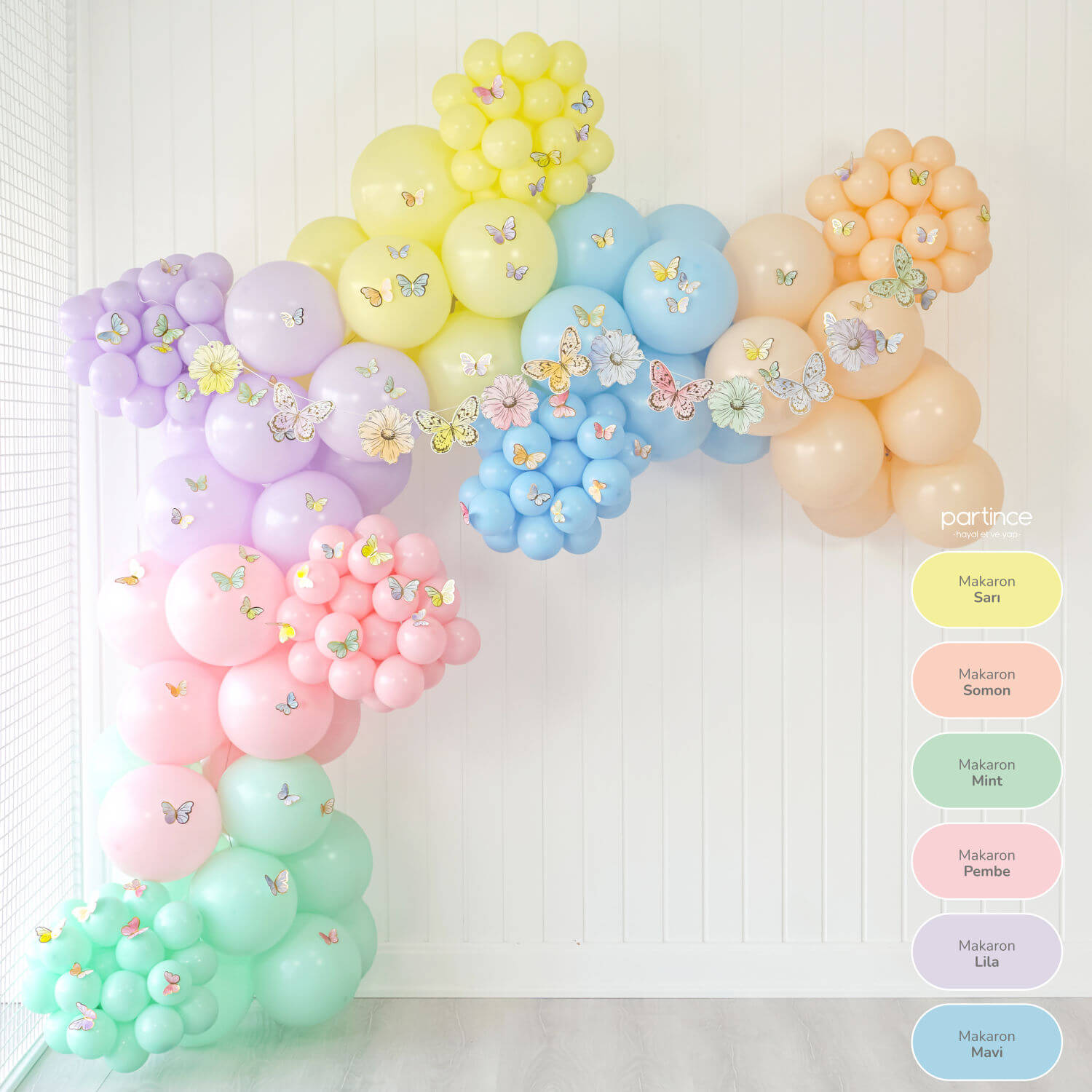 doğum günü süsleri makaron kelebek ve çiçekler mini balon zincir seti partince 1