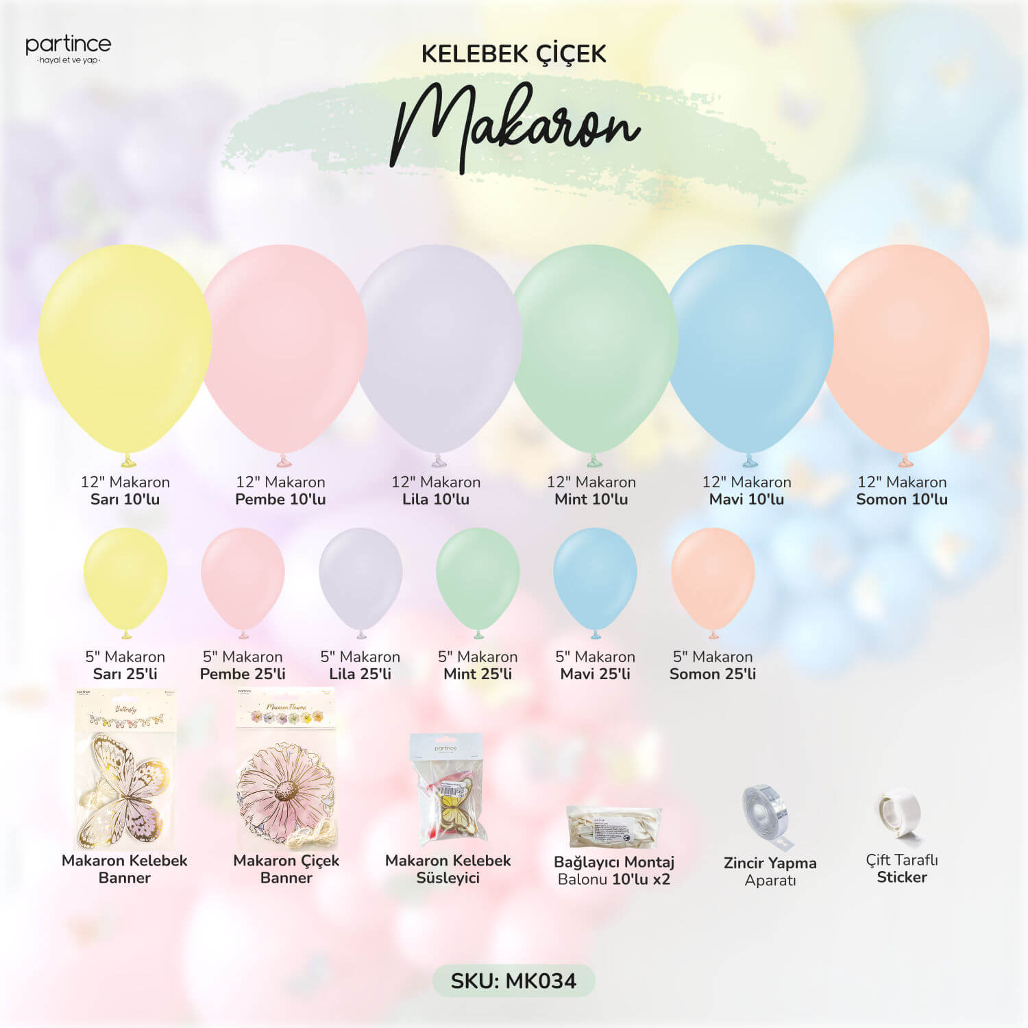 doğum günü süsleri makaron kelebek ve çiçekler mini balon zincir seti partince detayları