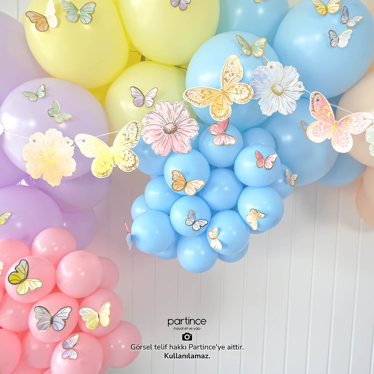 doğum günü süsleri makaron kelebek ve çiçekler mini balon zincir seti partince Makaron Kelebek Çiçek Konsept Balon Zincir Seti - Görsel 4