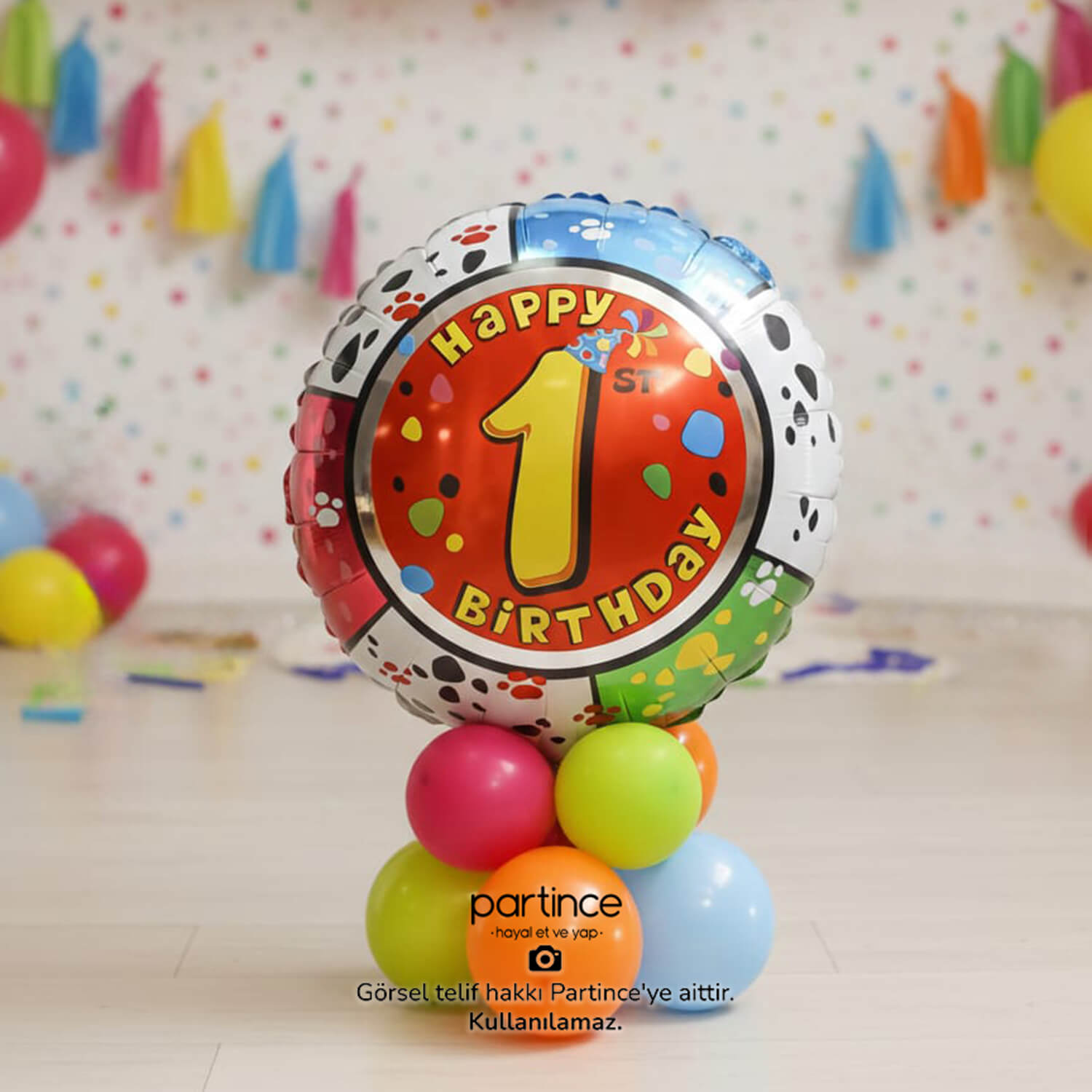 happy birthday 1 yas baskili folyo balon dogum gunu balonu 1yaşdoğumgünü partince Happy Birthday 1 Yaş Folyo Balon - Görsel 4