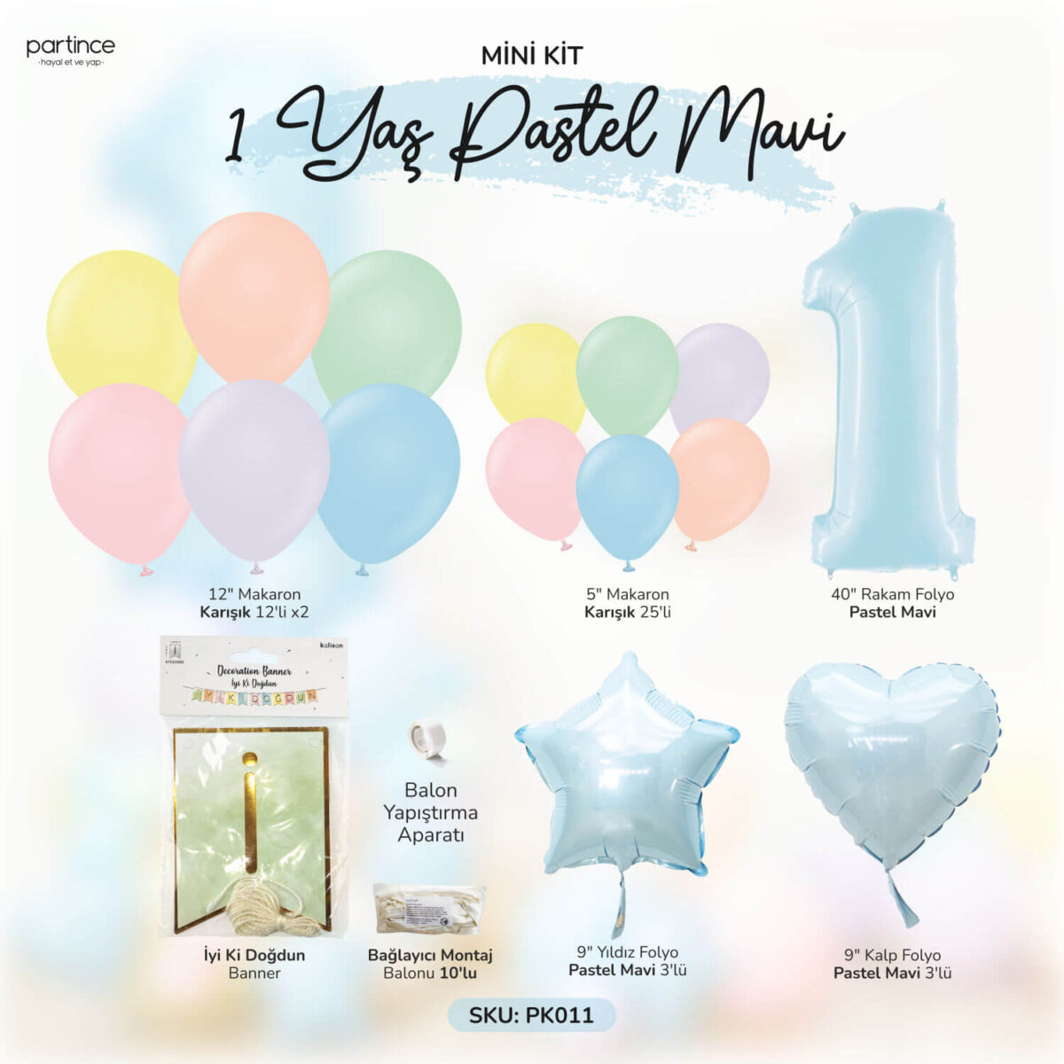 1 Yaş Balon Seti Doğum Günü İyi ki Doğdun Tema Pastel Mavi Parti Kiti - Görsel 2