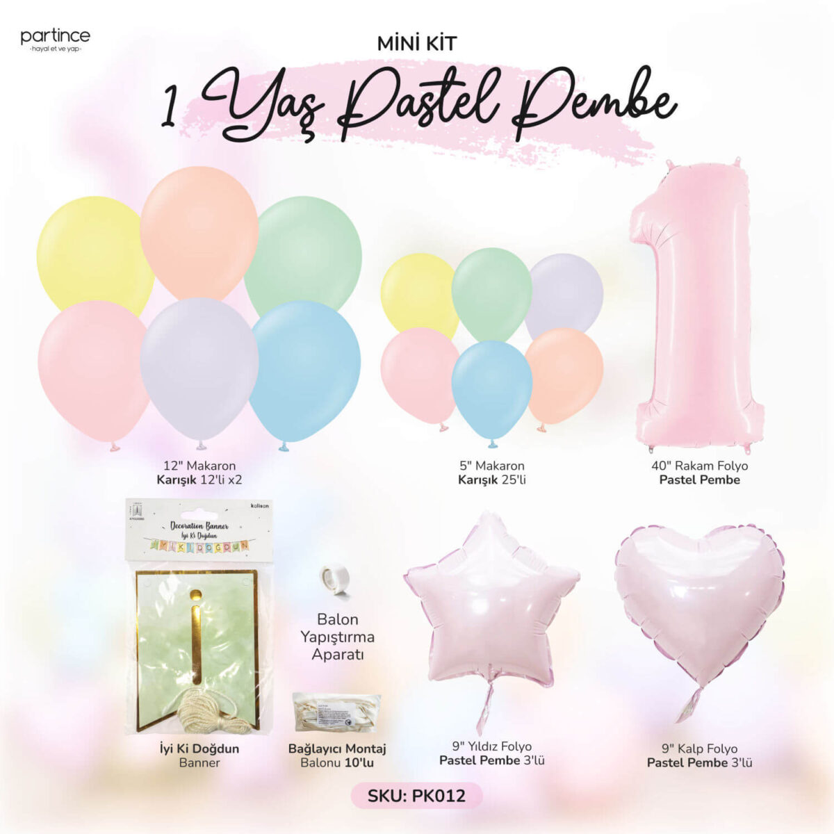 1 Yaş Balon Seti Doğum Günü İyi ki Doğdun Tema Pastel Pembe Parti Kiti - Görsel 2