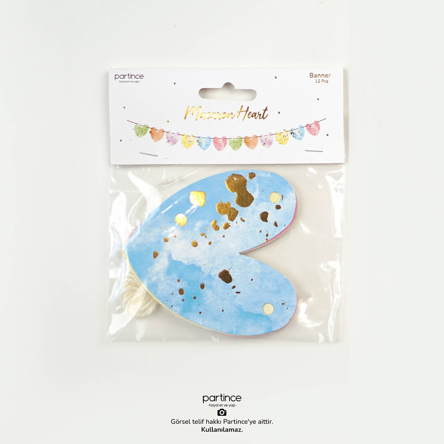 makaron kalp banner asma duvar doğum günü süsü partince Makaron Kalp Banner 12 Parça - Görsel 1