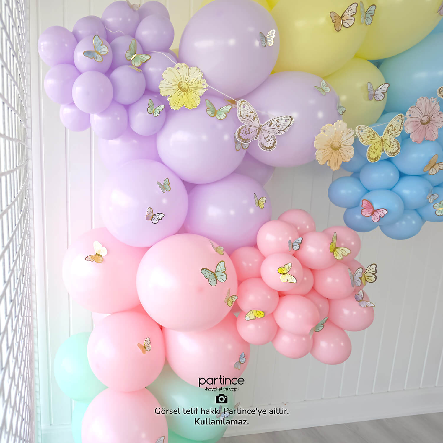 makaron kelebek ve çiçekler mini balon zincir kiti partince doğum günü süsleri MK034 Makaron Kelebek Çiçek Konsept Balon Zincir Seti - Görsel 3