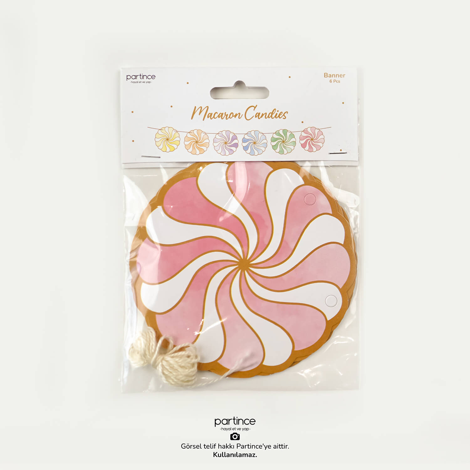 makaron şeker banner asma duvar doğum günü süsü partince Makaron Şeker Desenli Banner - Görsel 1