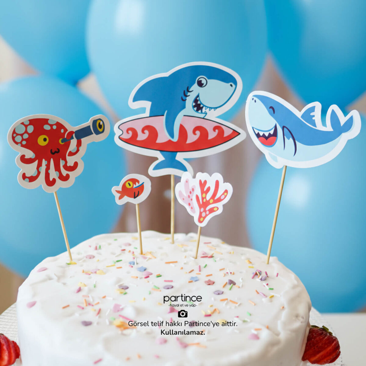 Sevimli Köpek Balığı Cake Topper 5 Parça Pasta Süsleyici
