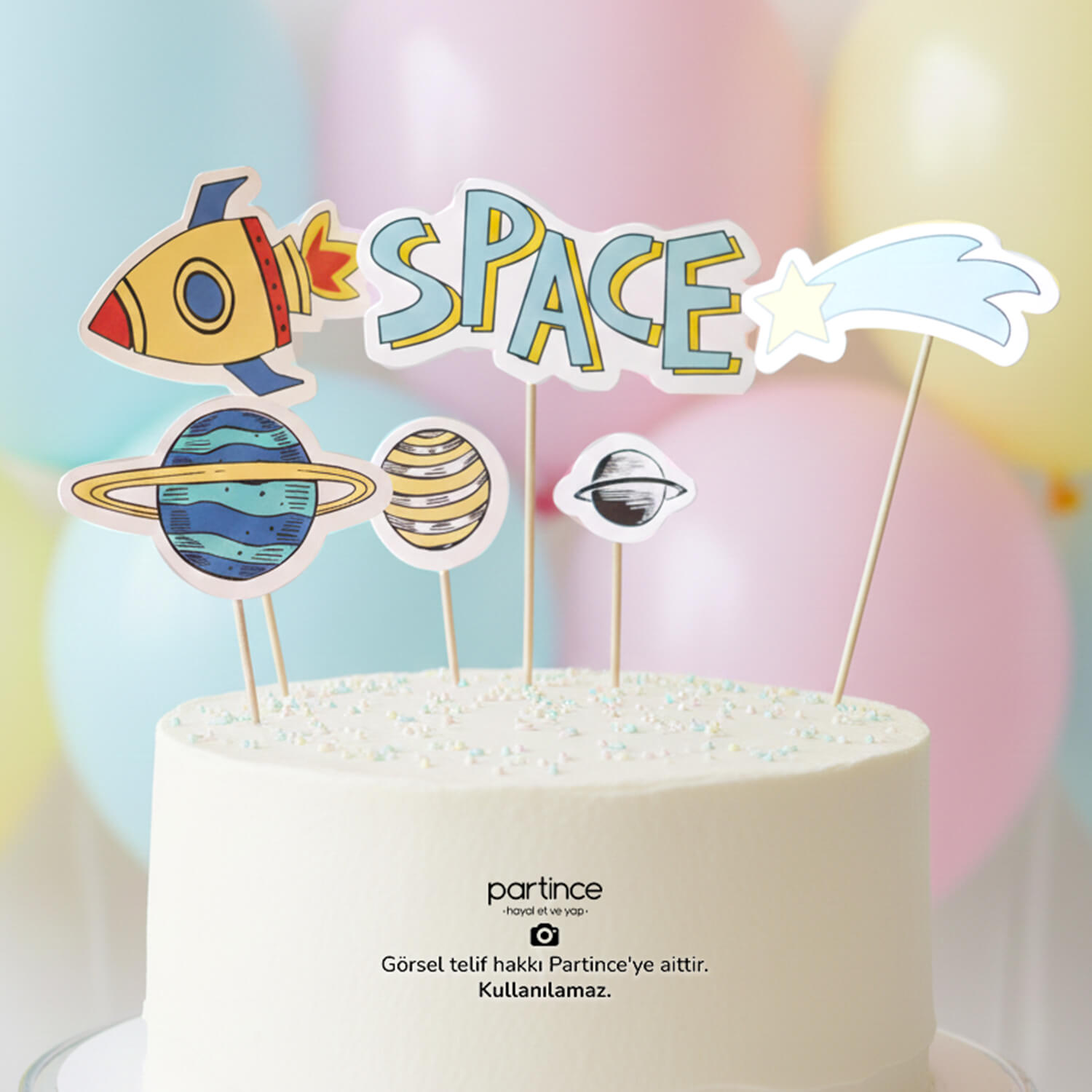 space-cake-topper-pastel-birthday-party-decoration-partince Space Tema Cake Topper 6 Parça Pasta Süsleyici - Görsel 1