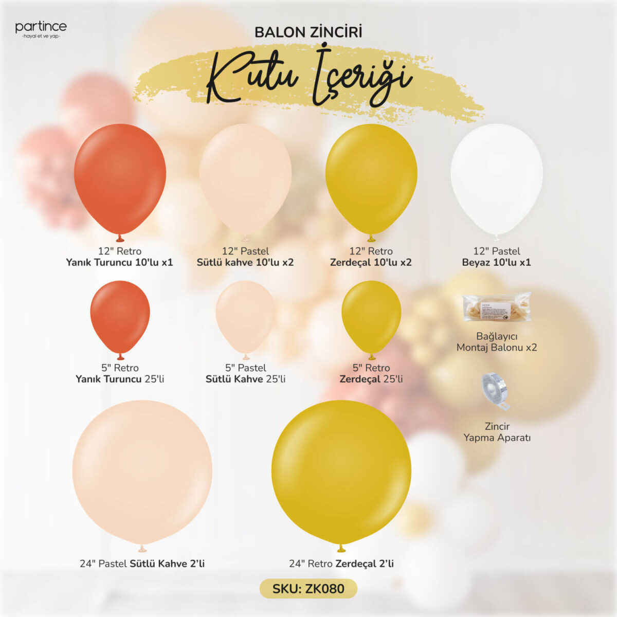 Papatya Temalı Balon Zincir Seti Yanık Turuncu Sütlü Kahve Zerdeçal ve Beyaz - Görsel 2