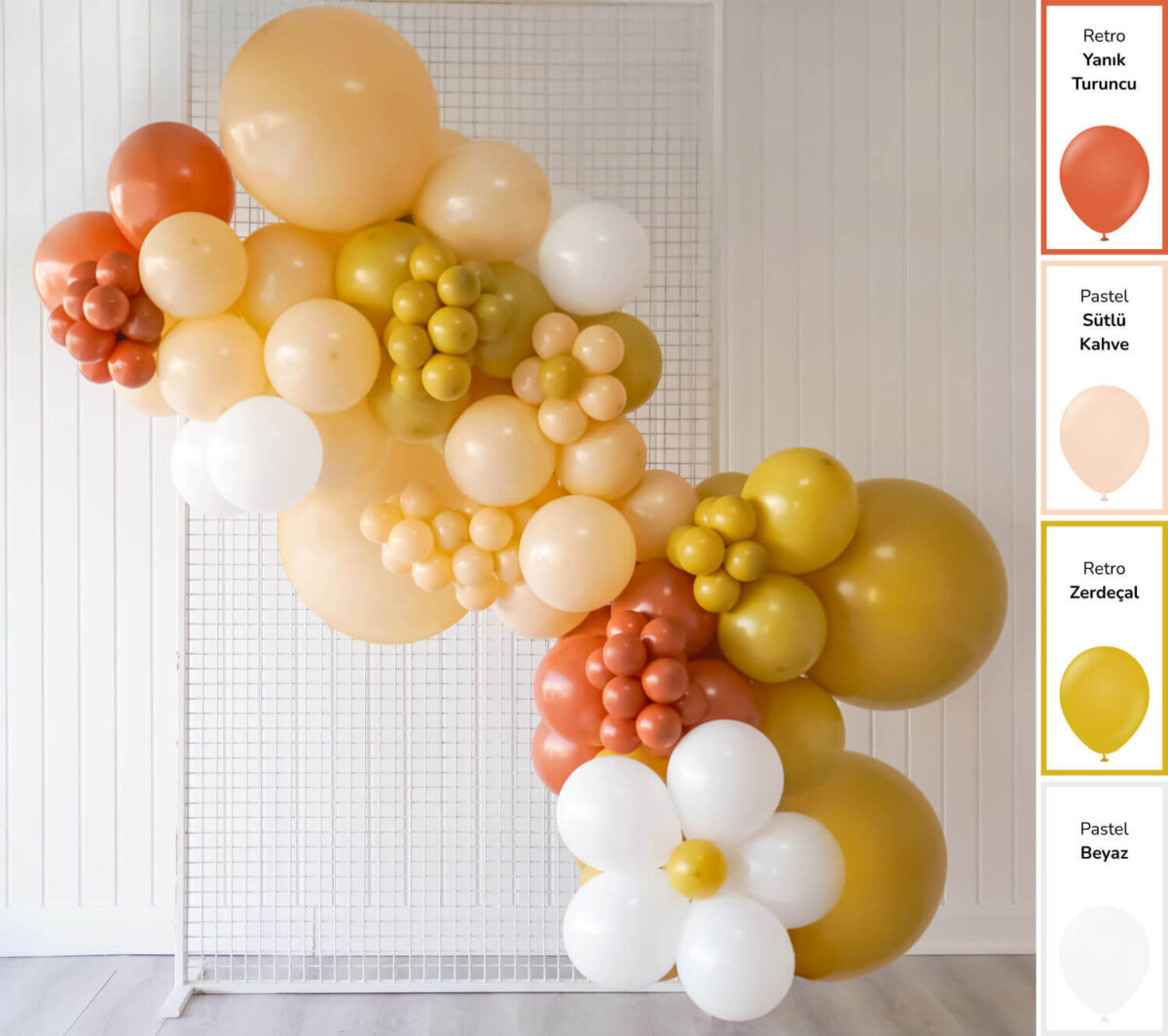 Papatya Temalı Balon Zincir Seti Yanık Turuncu Sütlü Kahve Zerdeçal ve Beyaz