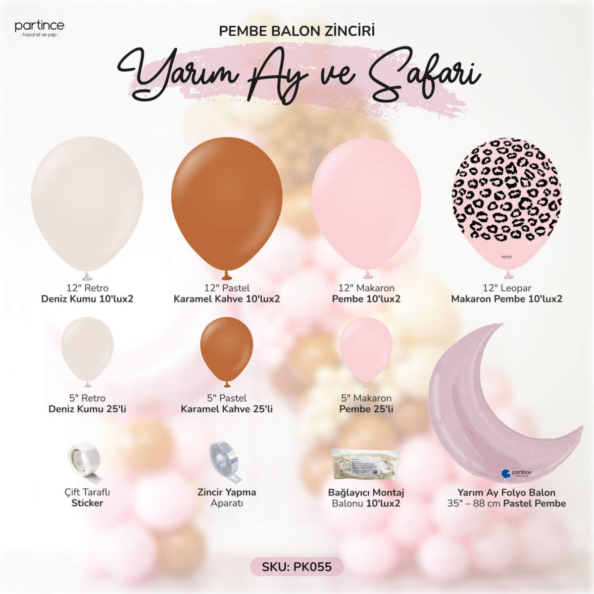 Pastel Pembe Yarım Ay ve Safari Leopar Balon Zincir Kiti - Görsel 2