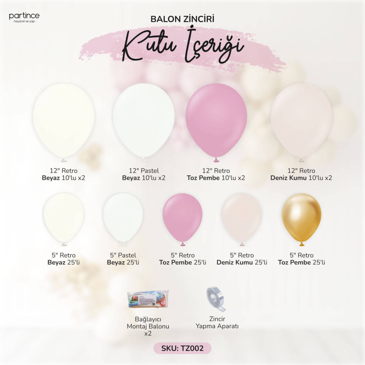 Balon Zincir Kiti Gold Detaylı Toz Pembe Doğum Günü Balon Seti 4 Metre - Görsel 2