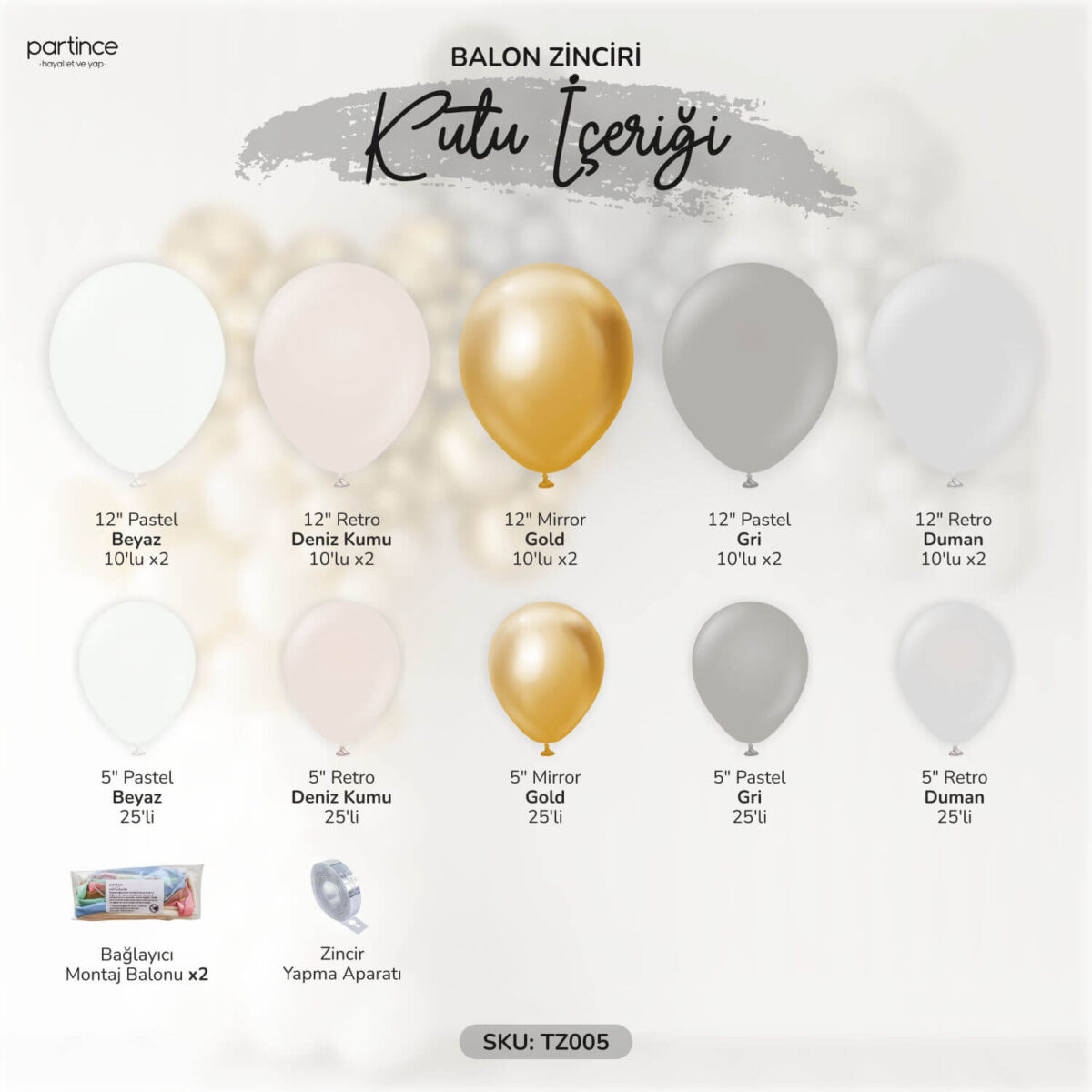 Balon Zincir Kiti Beyaz Deniz Kumu Mirror Gold Gri ve Duman Doğum Günü Balon Seti 5 Metre - Görsel 2