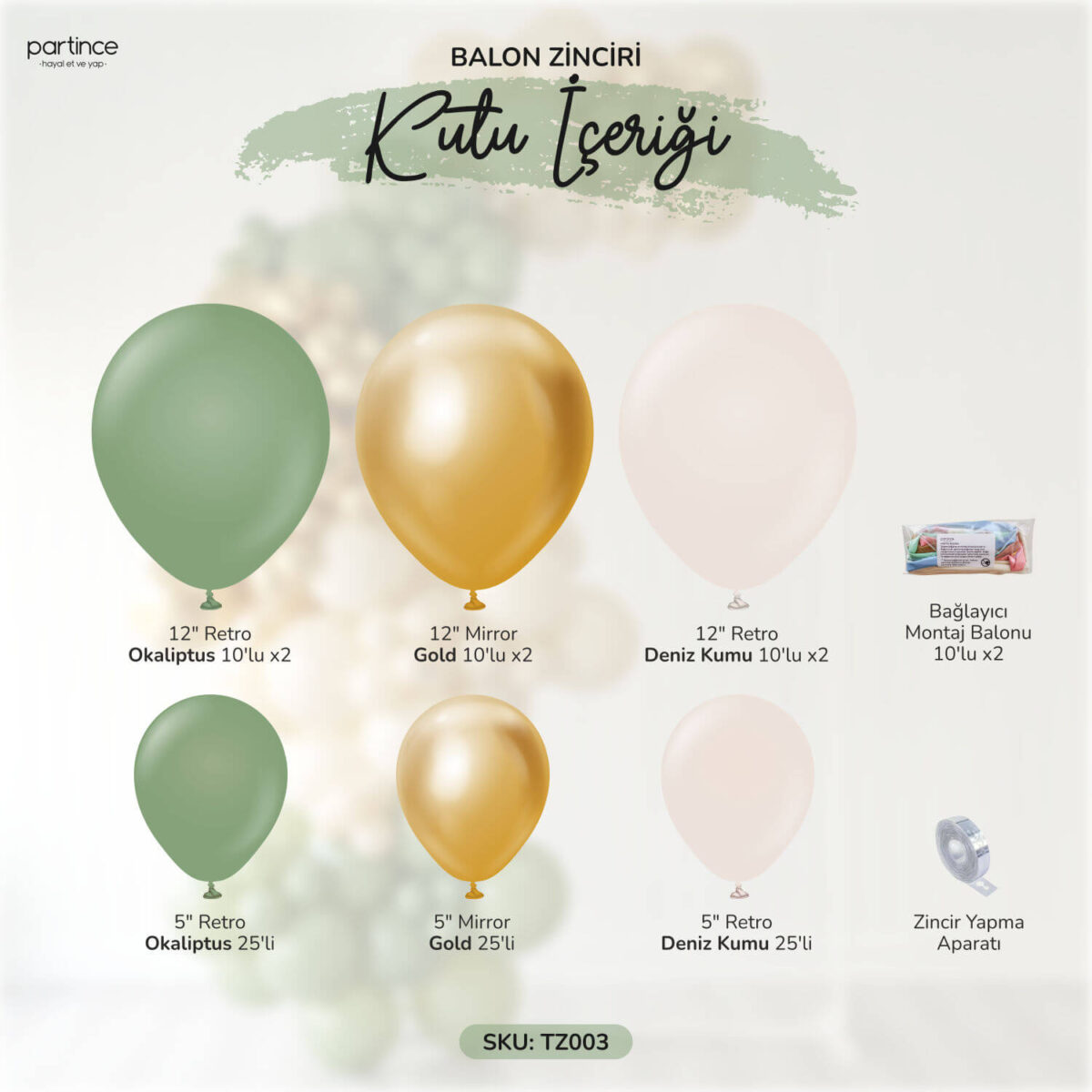 Balon Zincir Kiti Gold Deniz Kumu ve Okaliptus Doğum Günü Balon Seti 3 Metre - Görsel 2