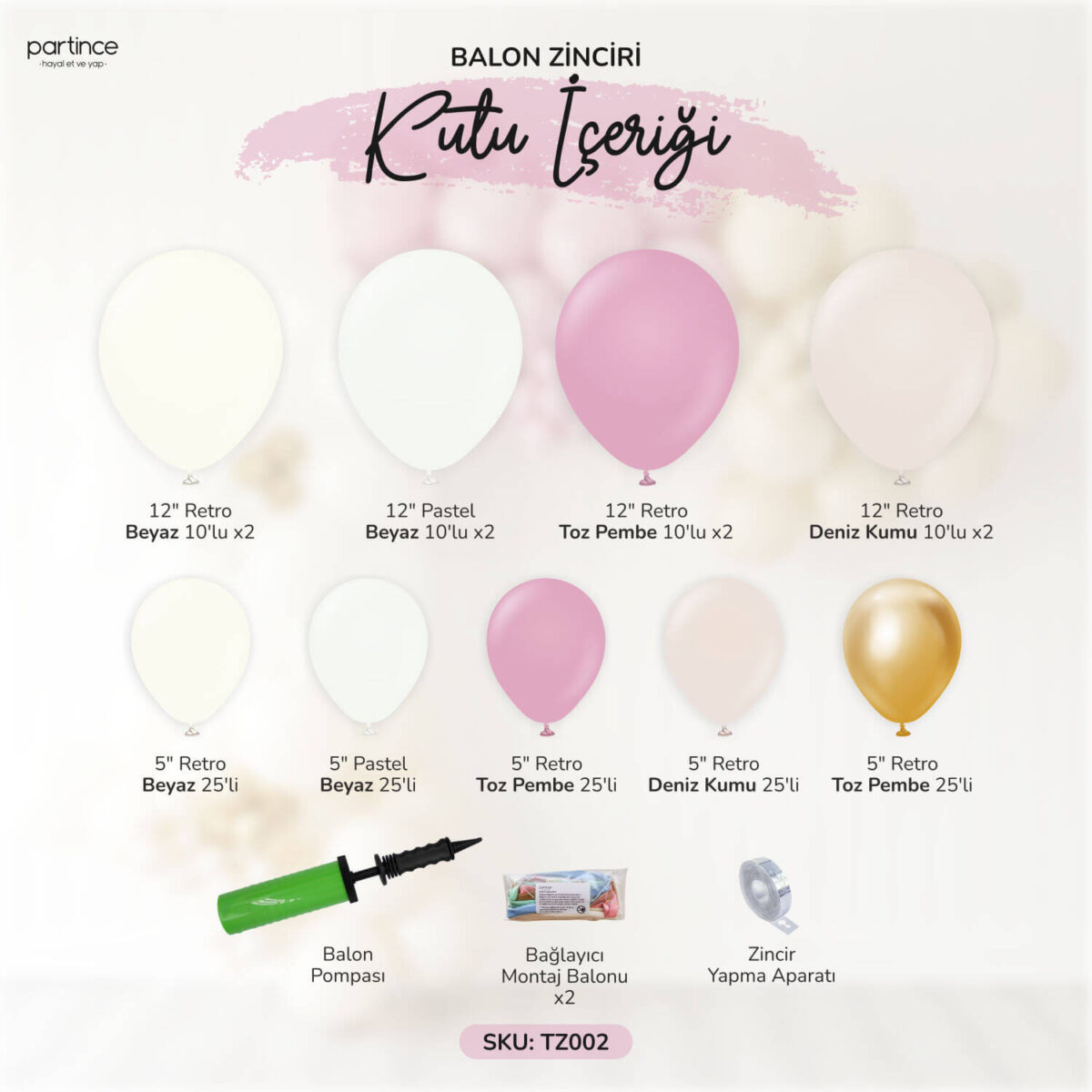 Balon Zincir Kiti Gold Detaylı Toz Pembe Doğum Günü Balon Seti 4 Metre - Görsel 2