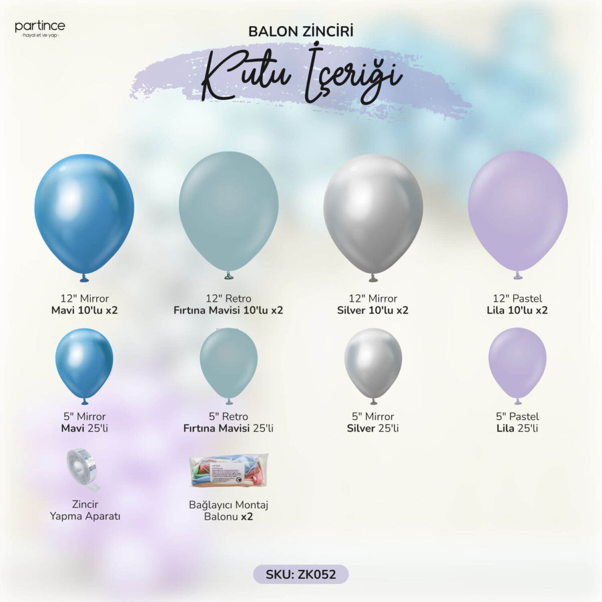 Balon Zincir Kiti Mirror Mavi Fırtına Mavisi Mirror Silver ve Pastel Lila - Görsel 2
