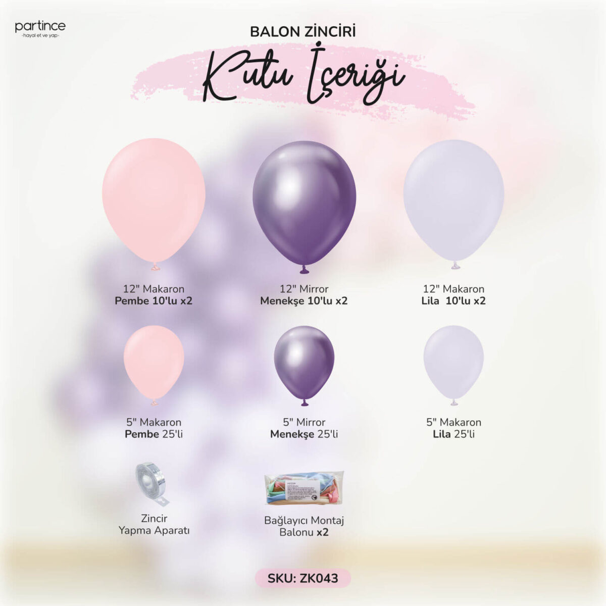 Makaron Lila Mirror Menekşe ve Makaron Pembe Balon Zincir Kiti - Görsel 2