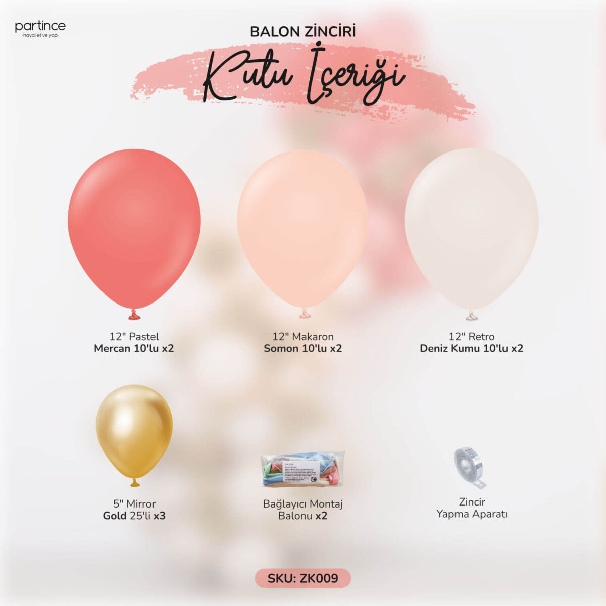 Mercan Makaron Somon ve Retro Deniz Kumu Balon Zinciri Konsept Kit - Görsel 2