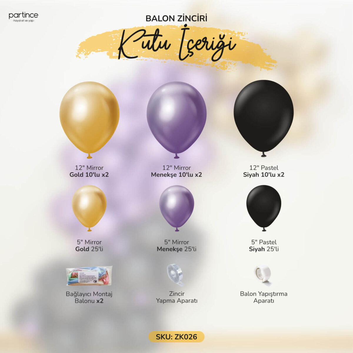 Mirror ve Pastel Siyah Balon Zincir Kiti - Görsel 2