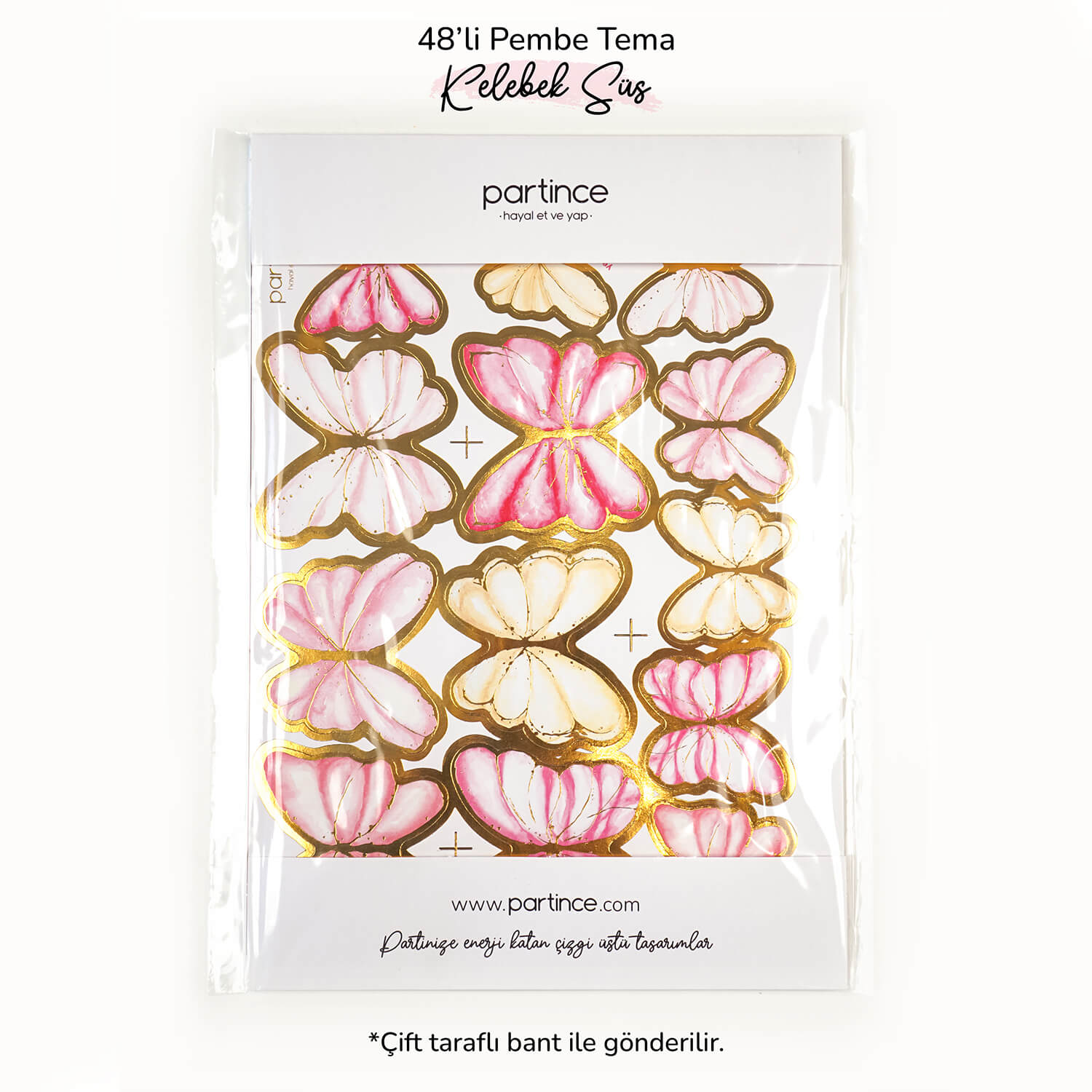 pembe süsleyici kız çocuk parti ürünleri partince 48'li Pembe Tema Kelebek Doğum Günü Süsü - Görsel 2