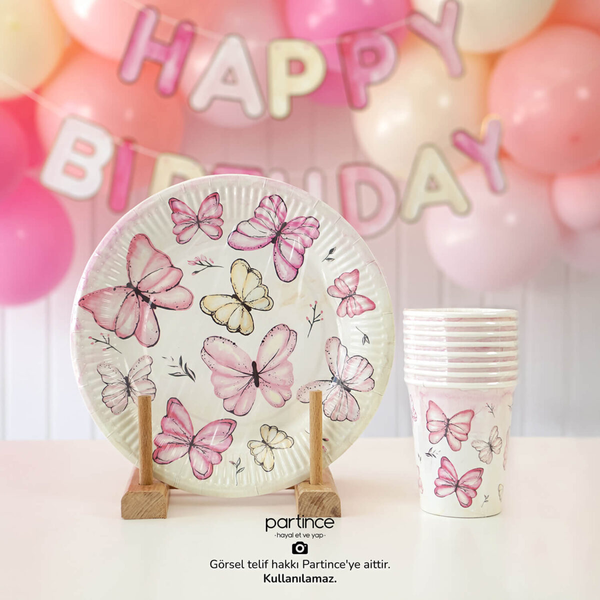 Pembe Kelebek Tema Tabak Bardak Set 8'li - Görsel 4