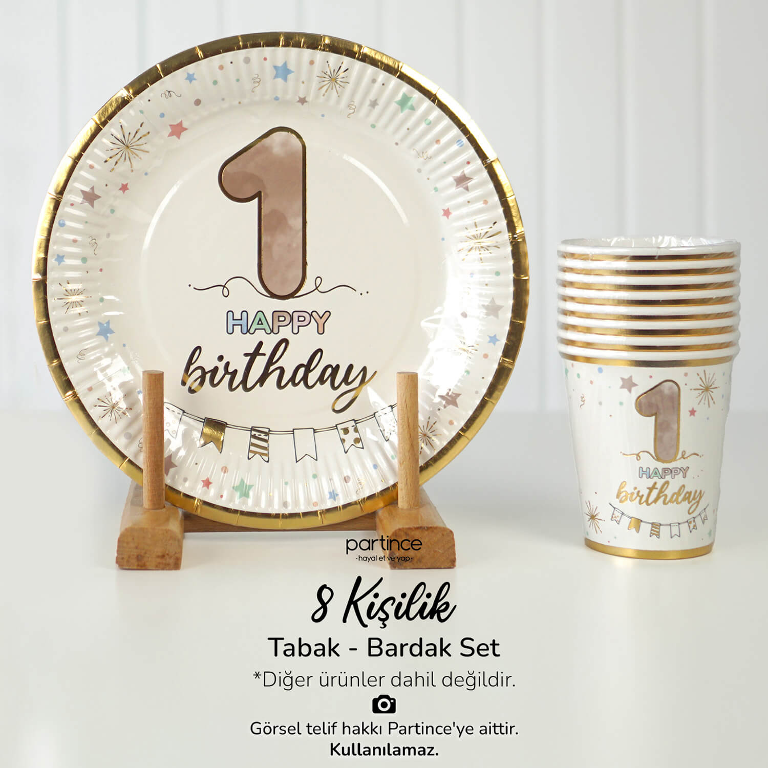 1yas-1yasında-pastel-gold-parlak-tabak-bardak-set-soft-renkli-sofra-urunu 1 Yaş Happy Birthday Tabak Bardak Set Yaldızlı 8'li - Görsel 1