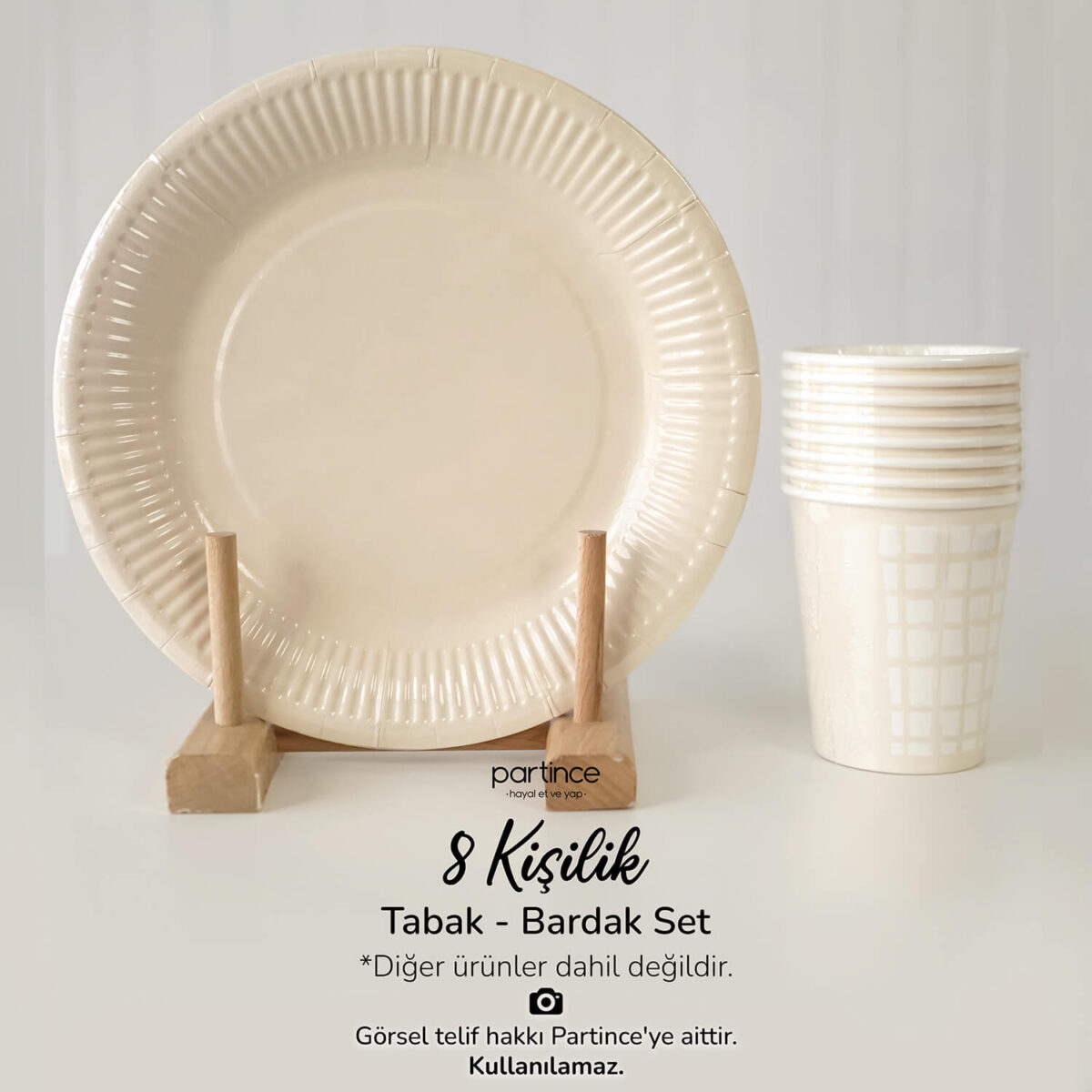 Düz - Kareli Krem Tabak Bardak Set 8'li