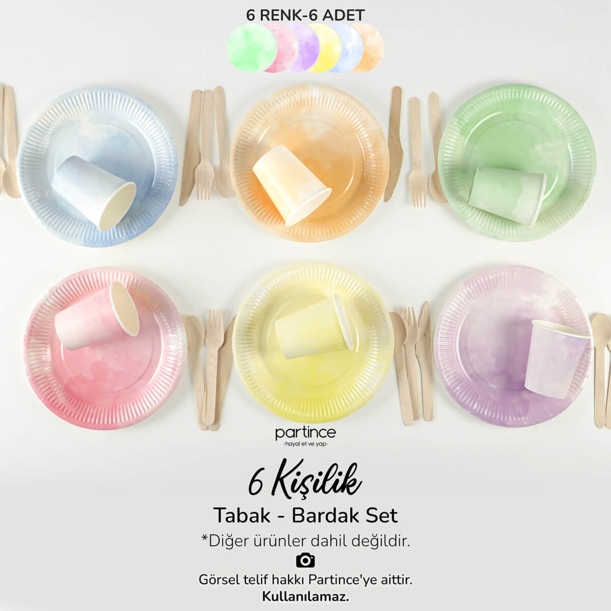 Makaron Pastel Karışık Tabak Bardak Set 6'lı