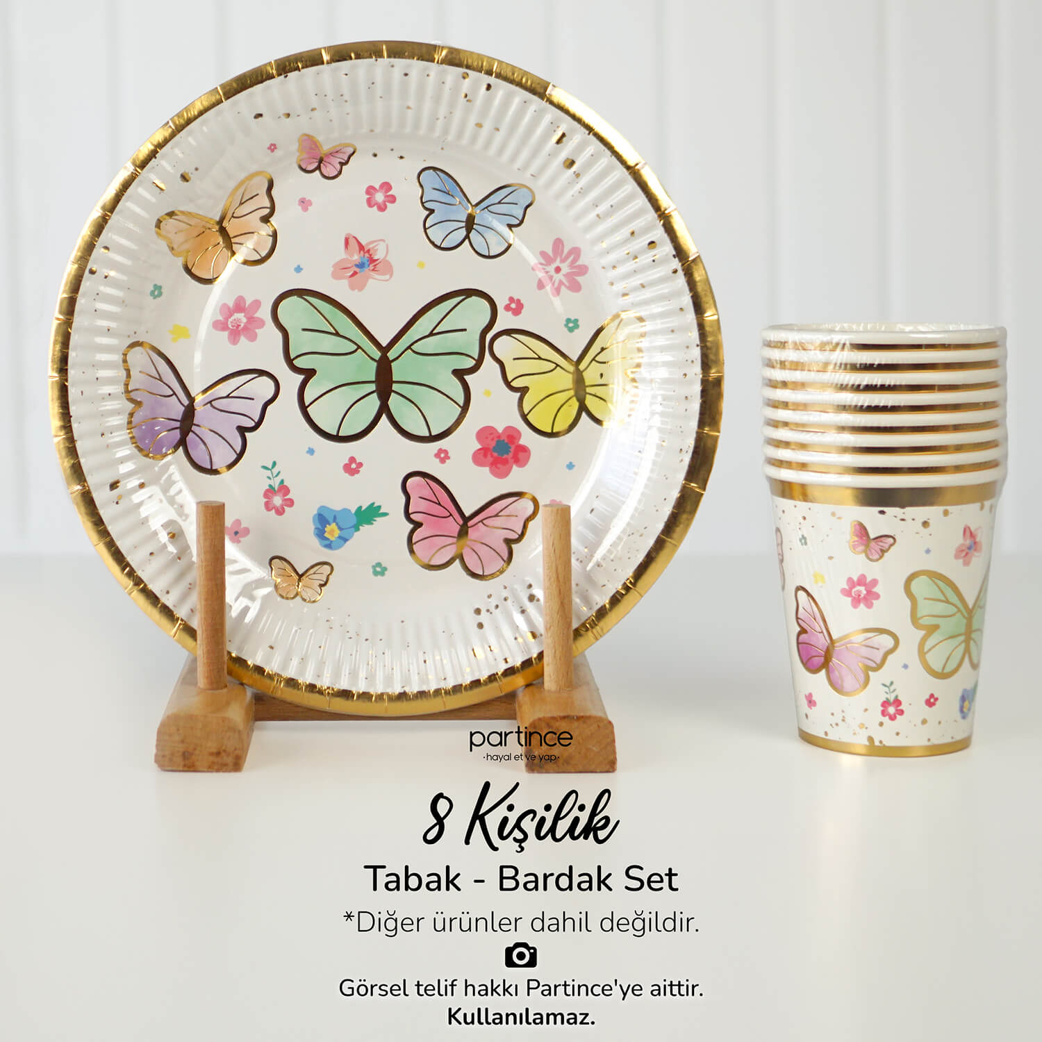 makaron-kelebek-cicek-sofra-urunu-tabak-bardak-masa-suslemesi Makaron Kelebek Tabak Bardak Set Yaldızlı 8'li - Görsel 1