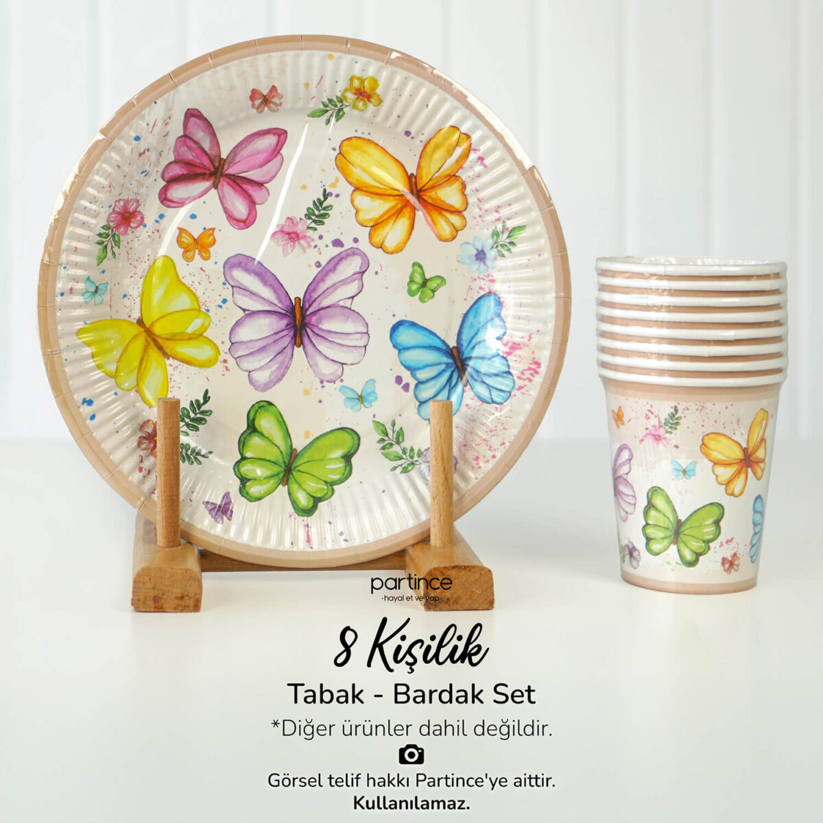 Pastel Kelebek Çiçek Tema Tabak Bardak Set 8'li