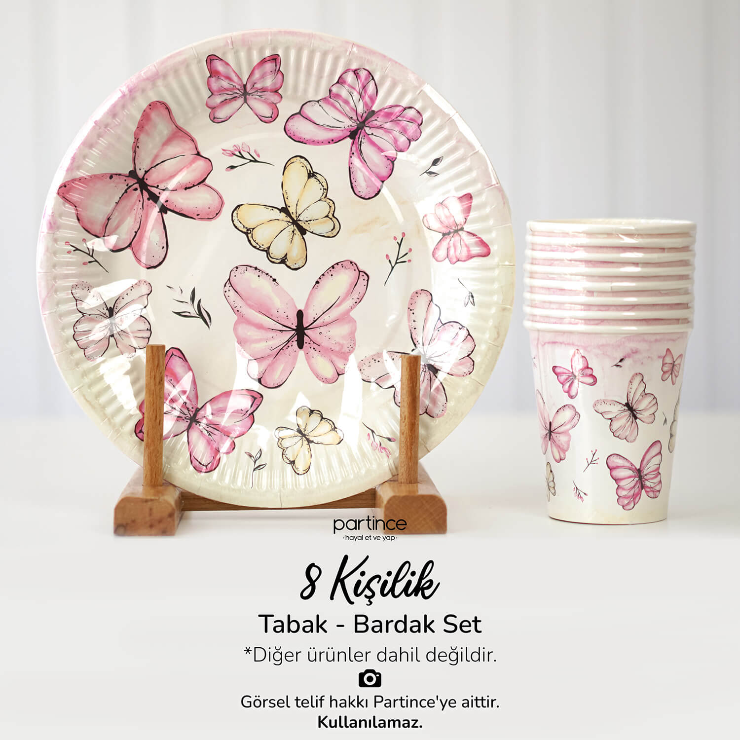 pembe-kelebek-sofra-urunu-tabak-bardak-pembe-tema-kelebekli-ozel-suslemeler Pembe Kelebek Tema Tabak Bardak Set 8'li - Görsel 1