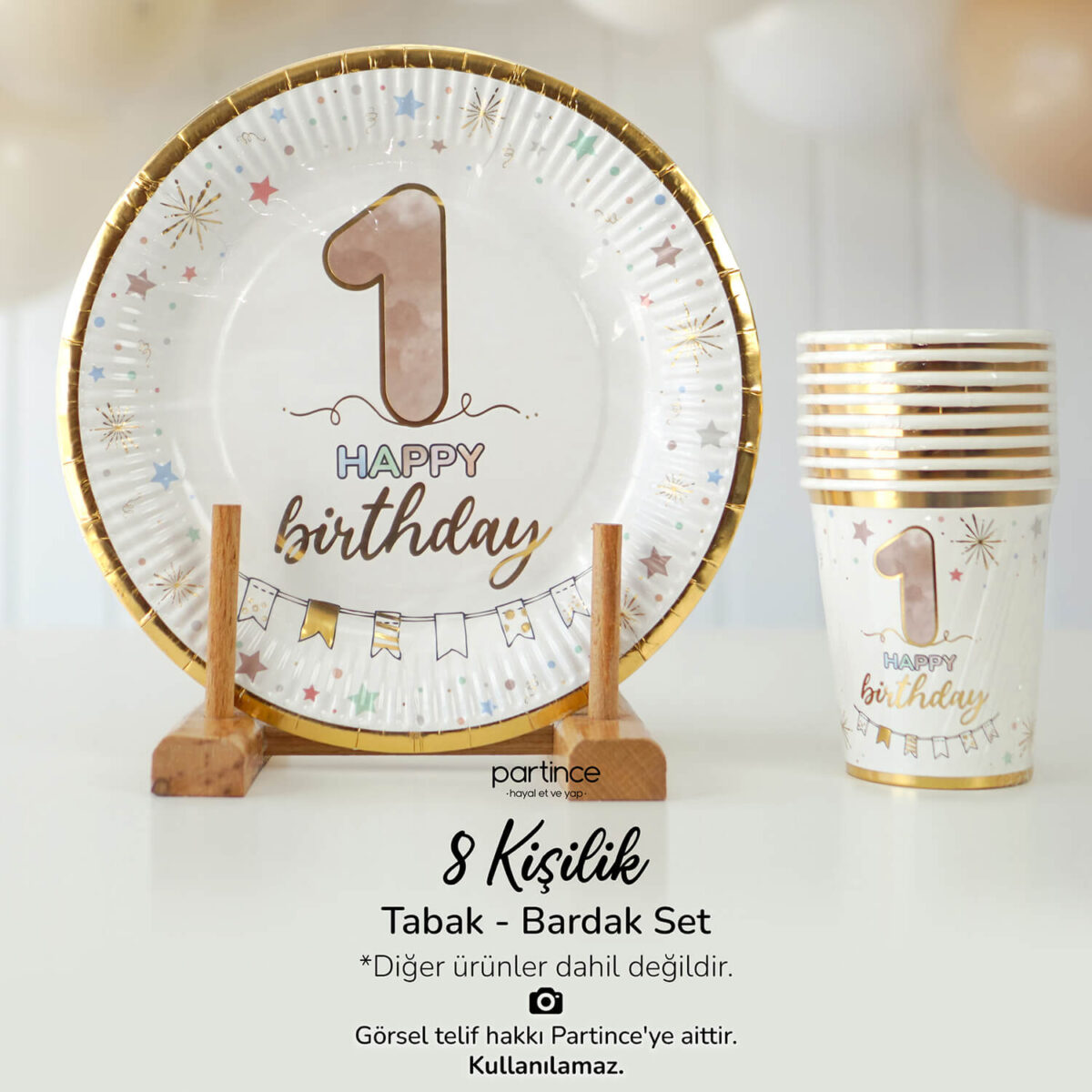 1 Yaş Happy Birthday Tabak Bardak Set Yaldızlı 8'li