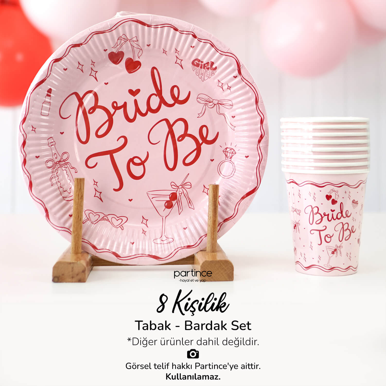 Bride_To_Be_Karton_Tabak_Kirmizi_Pembe_Bekarliga_Veda_seti_Partince Bride Tema Pembe Kırmızı Tabak Bardak Set 8'li - Görsel 1
