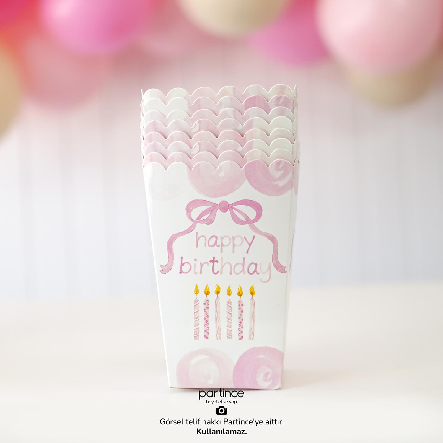 Popcorn_Kutusu-Misir_Pembe_Fiyonk_Temali_Parti_Plani Happy Birthday Fiyonk Mum Popcorn Mısır Kutusu 8'li - Görsel 1