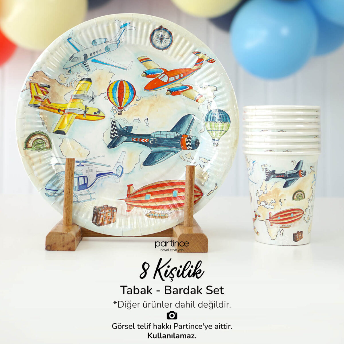 Uçak Tema Mavi Rota Tabak Bardak Set 8'li