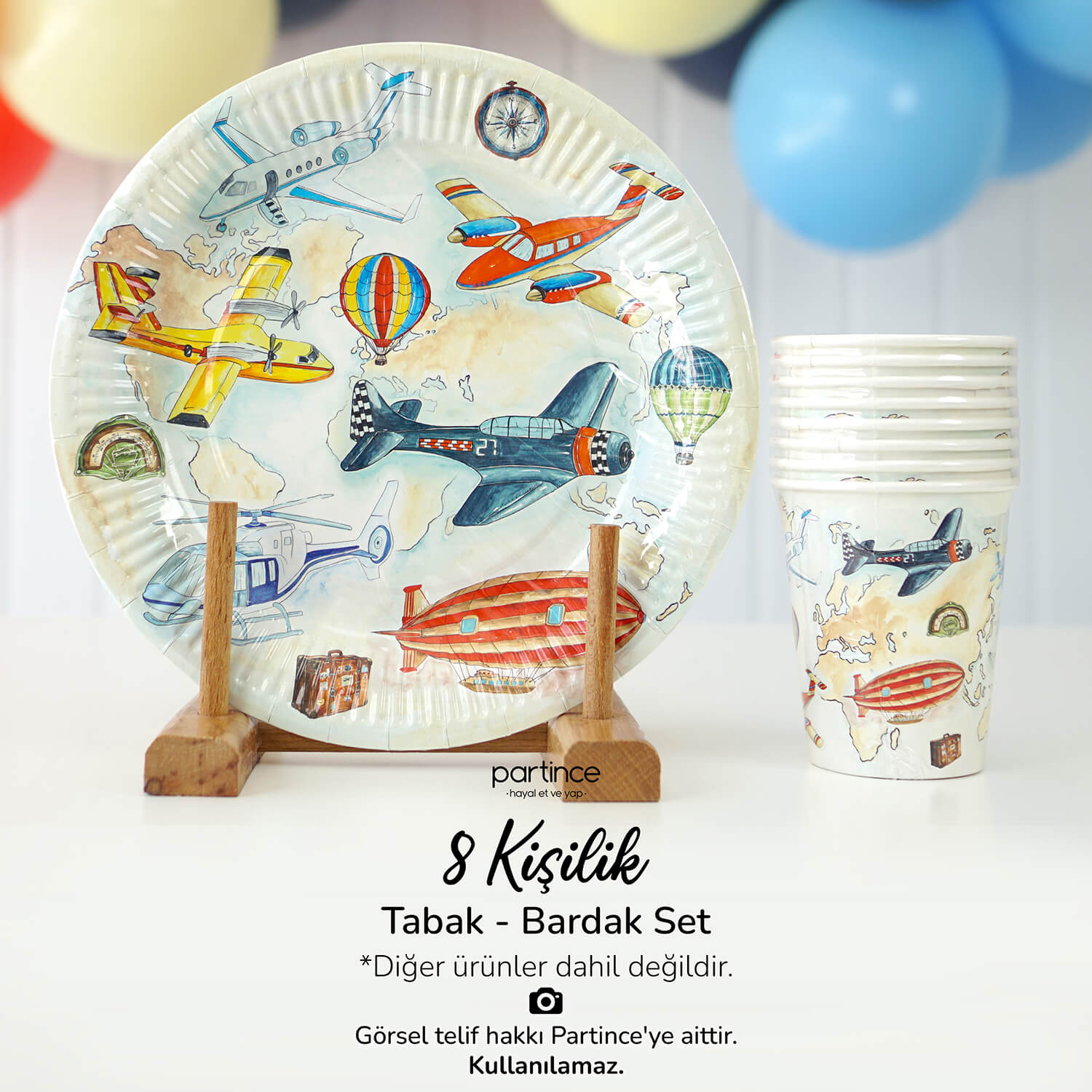 Ucak_Temali_Karton_Tabak_Mavi_Rota_Sofra_Urunleri_Sunumları Uçak Tema Mavi Rota Tabak Bardak Set 8'li - Görsel 1