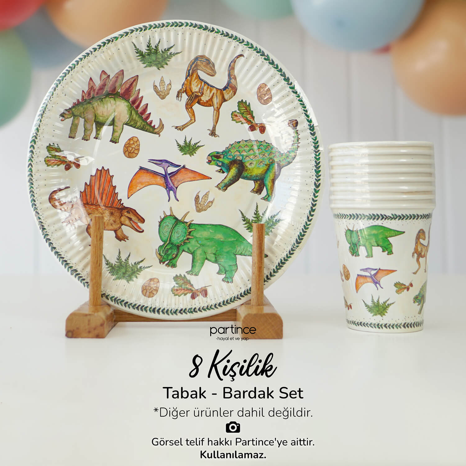 dinozor-parti-konsepti-popcorn-kutusu-ve-tabak-bardak-partince Dinozor Tema Tabak Bardak Set 8'li - Görsel 1