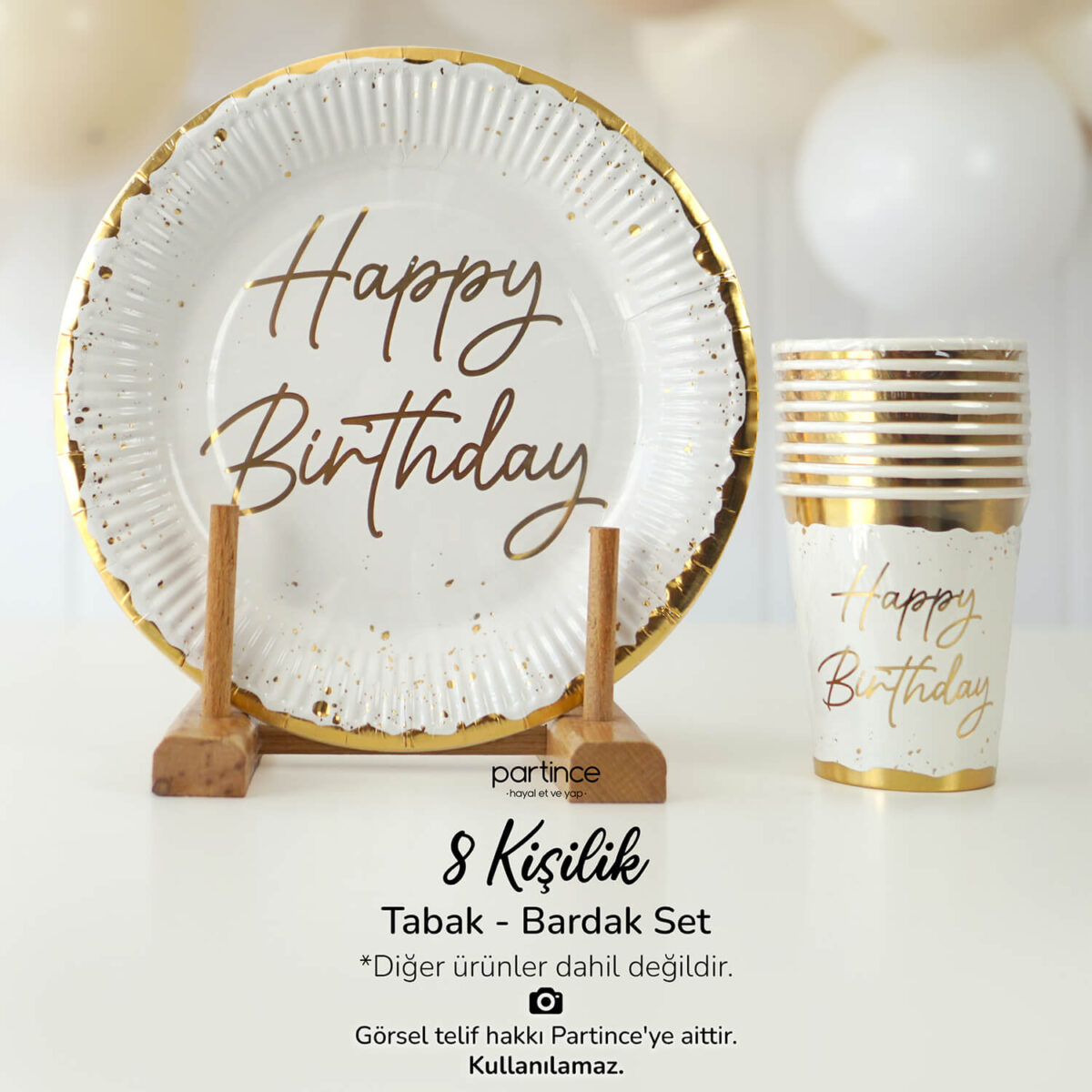 Happy Birthday Temalı Tabak Bardak Set Yaldızlı 8'li