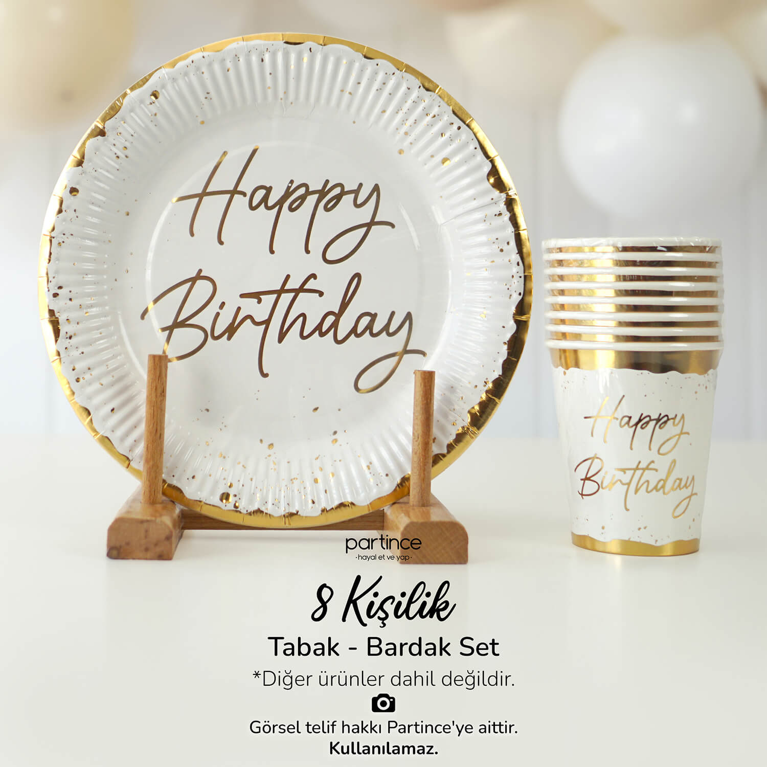 happy-birthday-dogum-gunu-susleri-gold-yaldizli-tabak-bardak-seti Happy Birthday Temalı Tabak Bardak Set Yaldızlı 8'li - Görsel 1