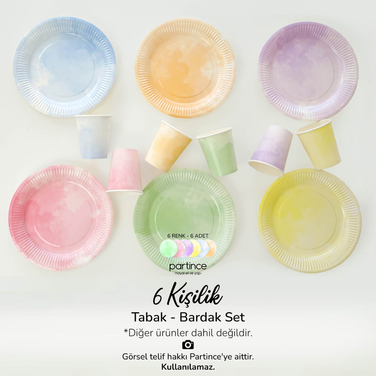 Makaron Pastel Karışık Tabak Bardak Set 6'lı