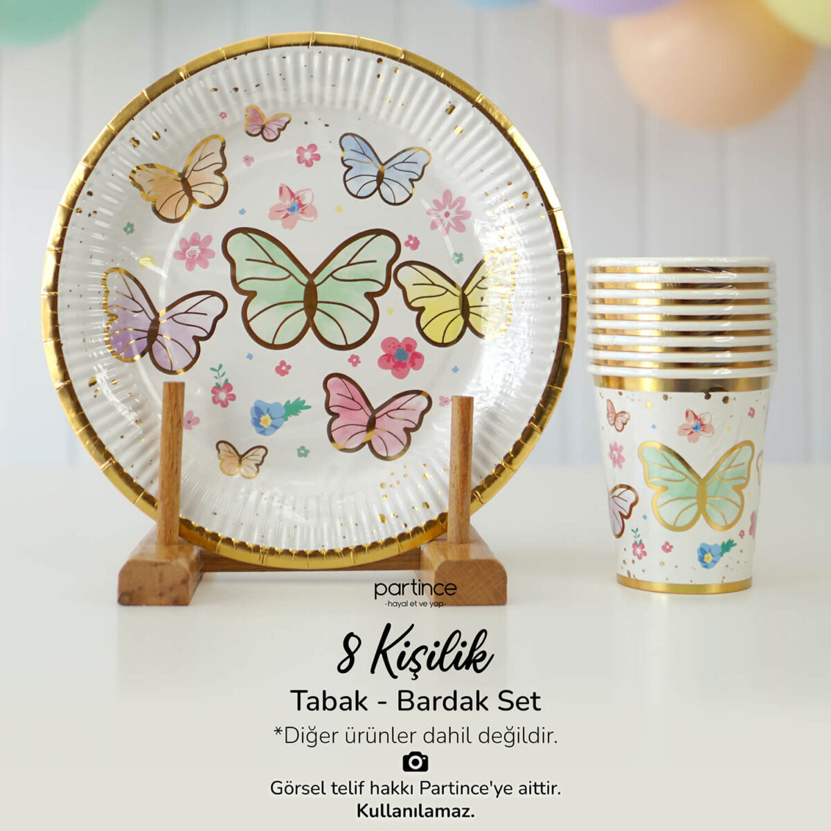 Makaron Kelebek Tabak Bardak Set Yaldızlı 8'li