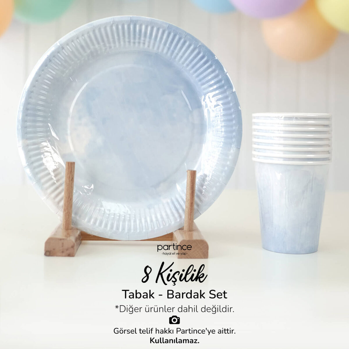 Makaron Pastel Mavi Tabak Bardak Set 8'li