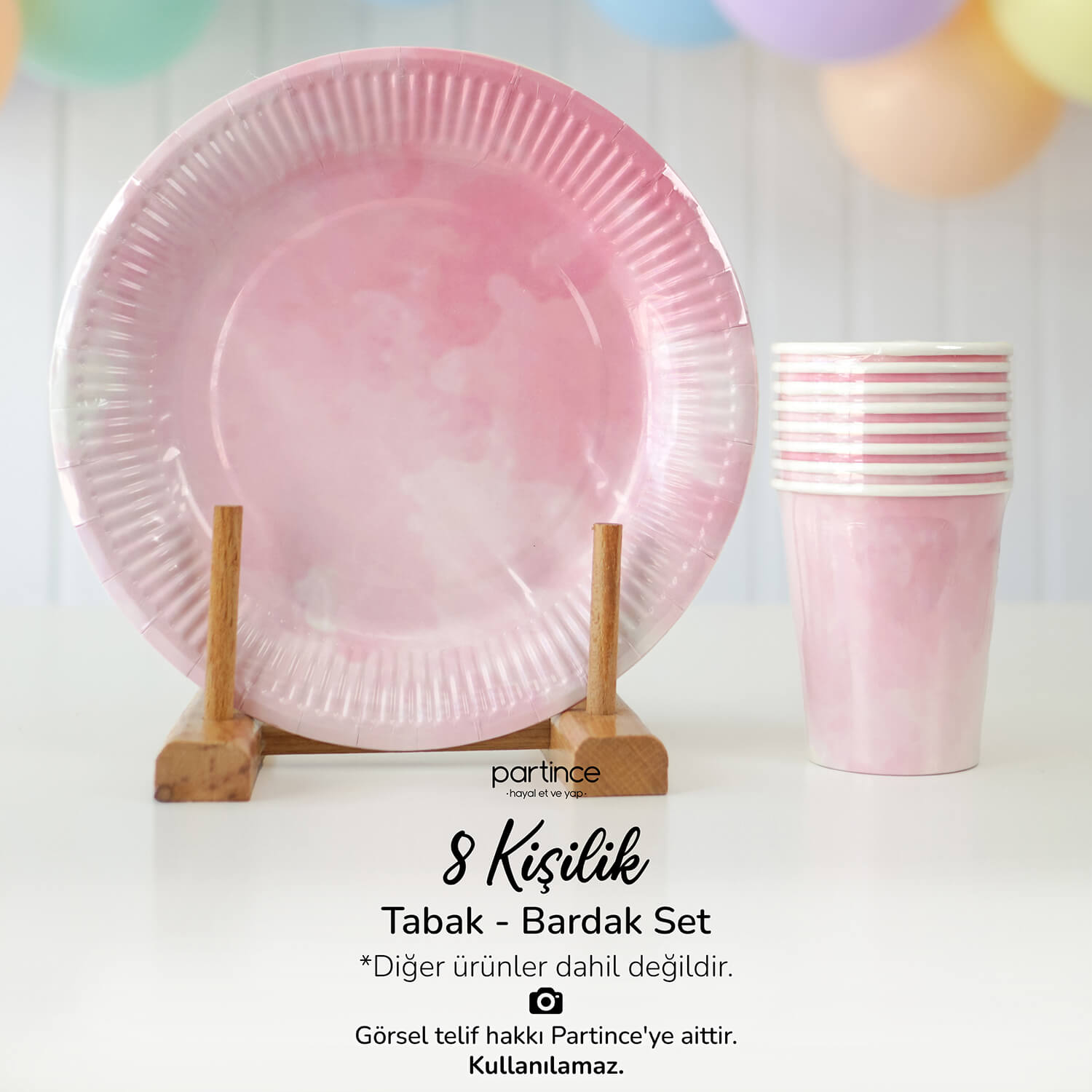 makaron-pembe-cocuk-dogum-gunu-tabak-bardak-seti Makaron Pastel Pembe Tabak Bardak Set 8'li - Görsel 1