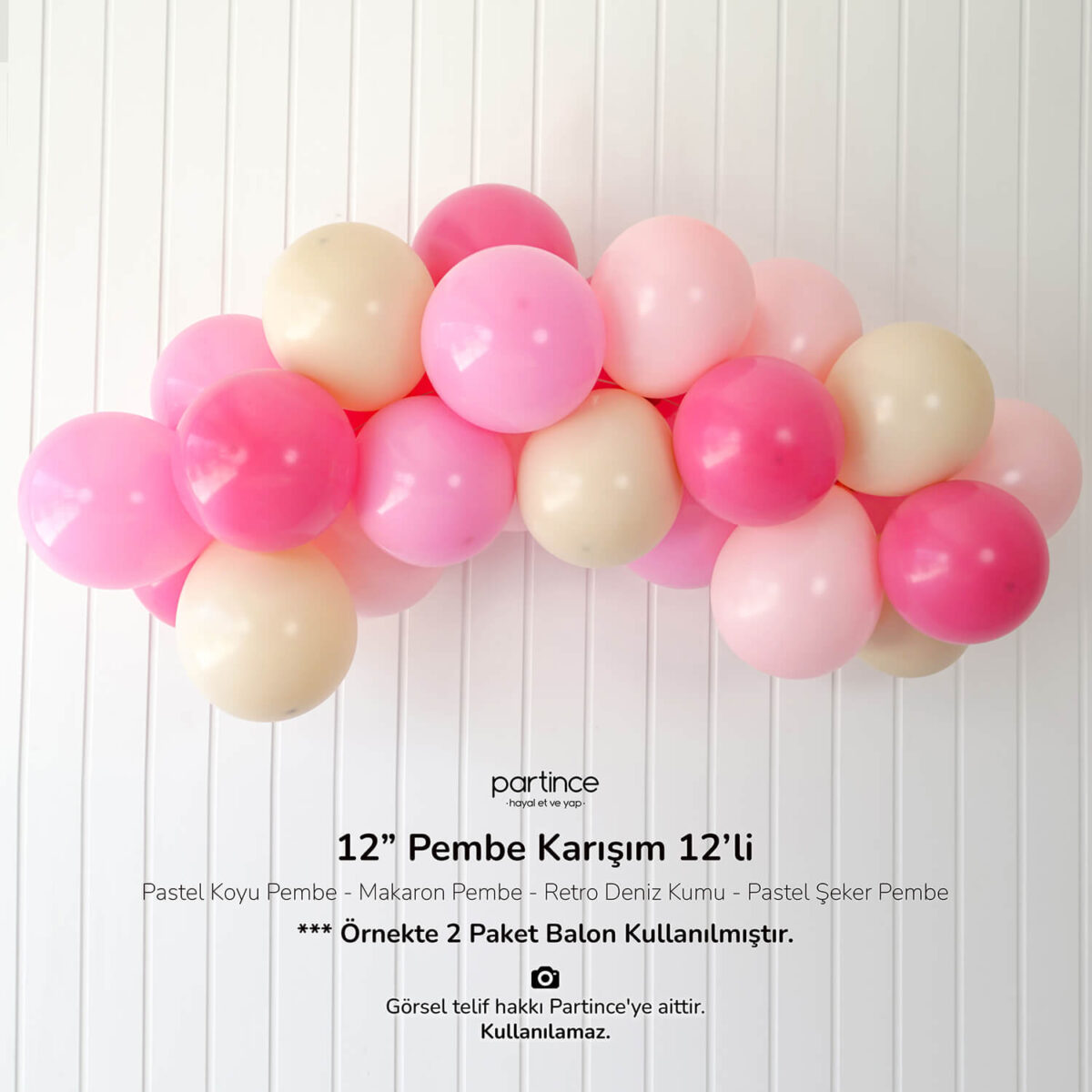 12" Standart Boy Balon Pembe Karışım 12'li - Görsel 3