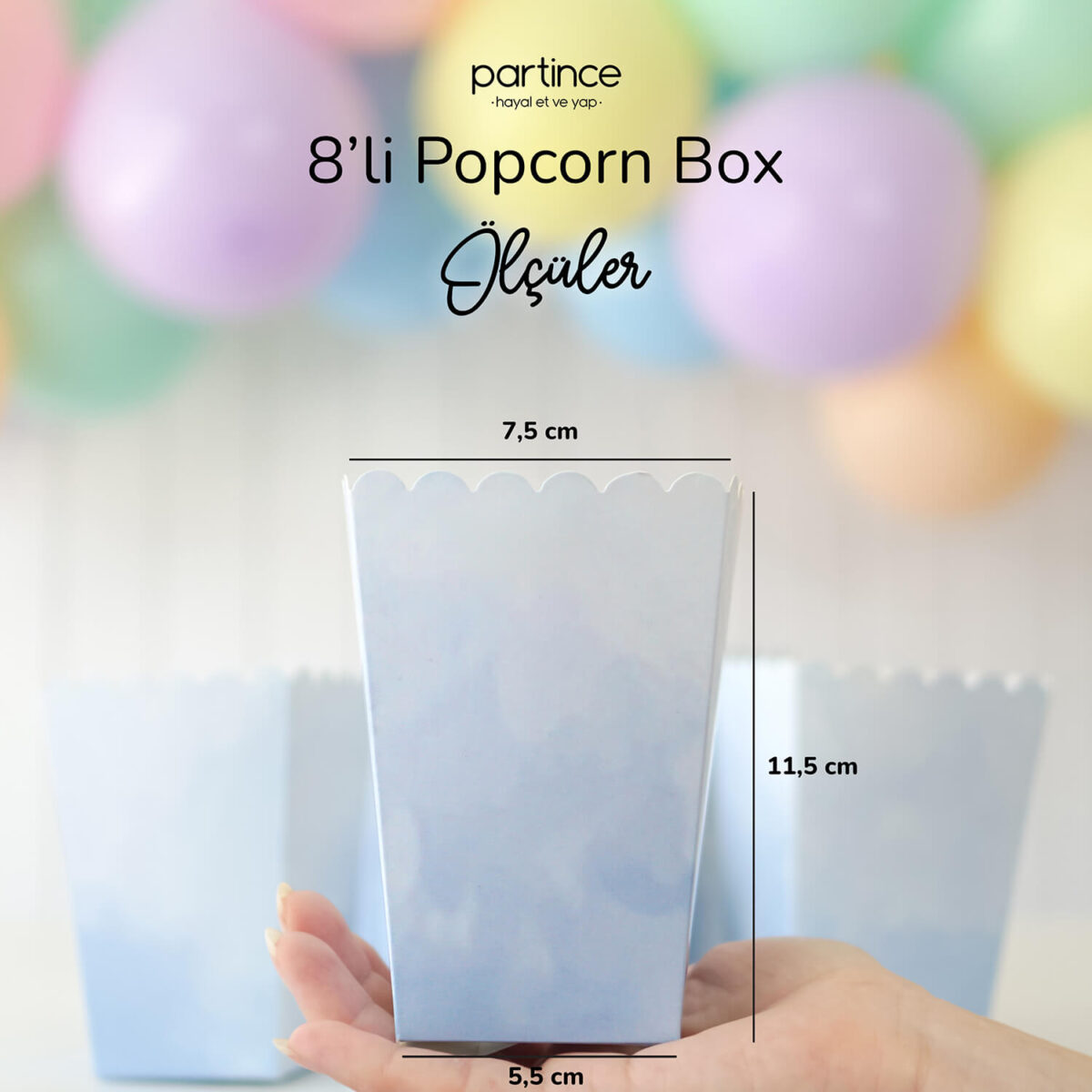 Makaron Pastel Mavi Popcorn Mısır Kutusu 8'li - Görsel 3