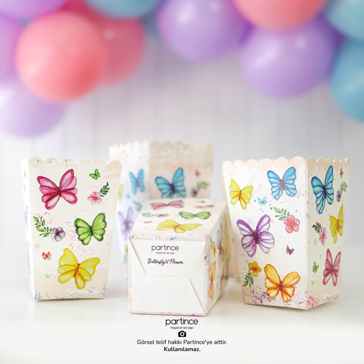 Pastel Kelebek Çiçek Tema Popcorn Mısır Kutusu 8'li