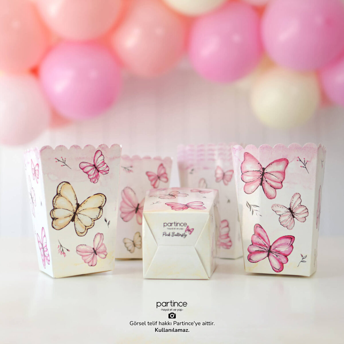 Pembe Kelebek Tema Popcorn Mısır Kutusu 8'li