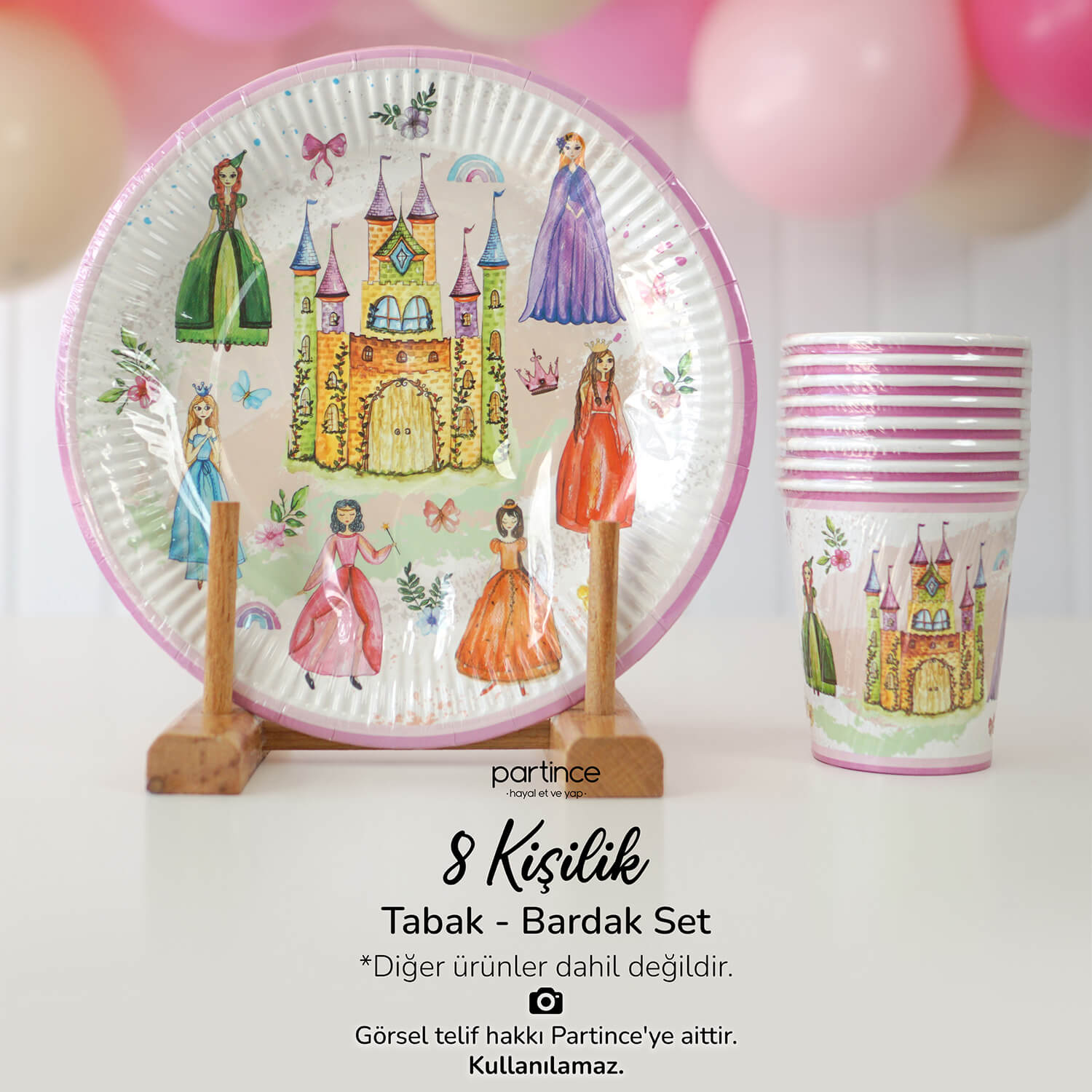 prenses-dogum-gunu-susleri-masa-konsepti-tabak-bardak-popcorn-kutulari-partince Prenses Tema Tabak Bardak Set 8'li - Görsel 1