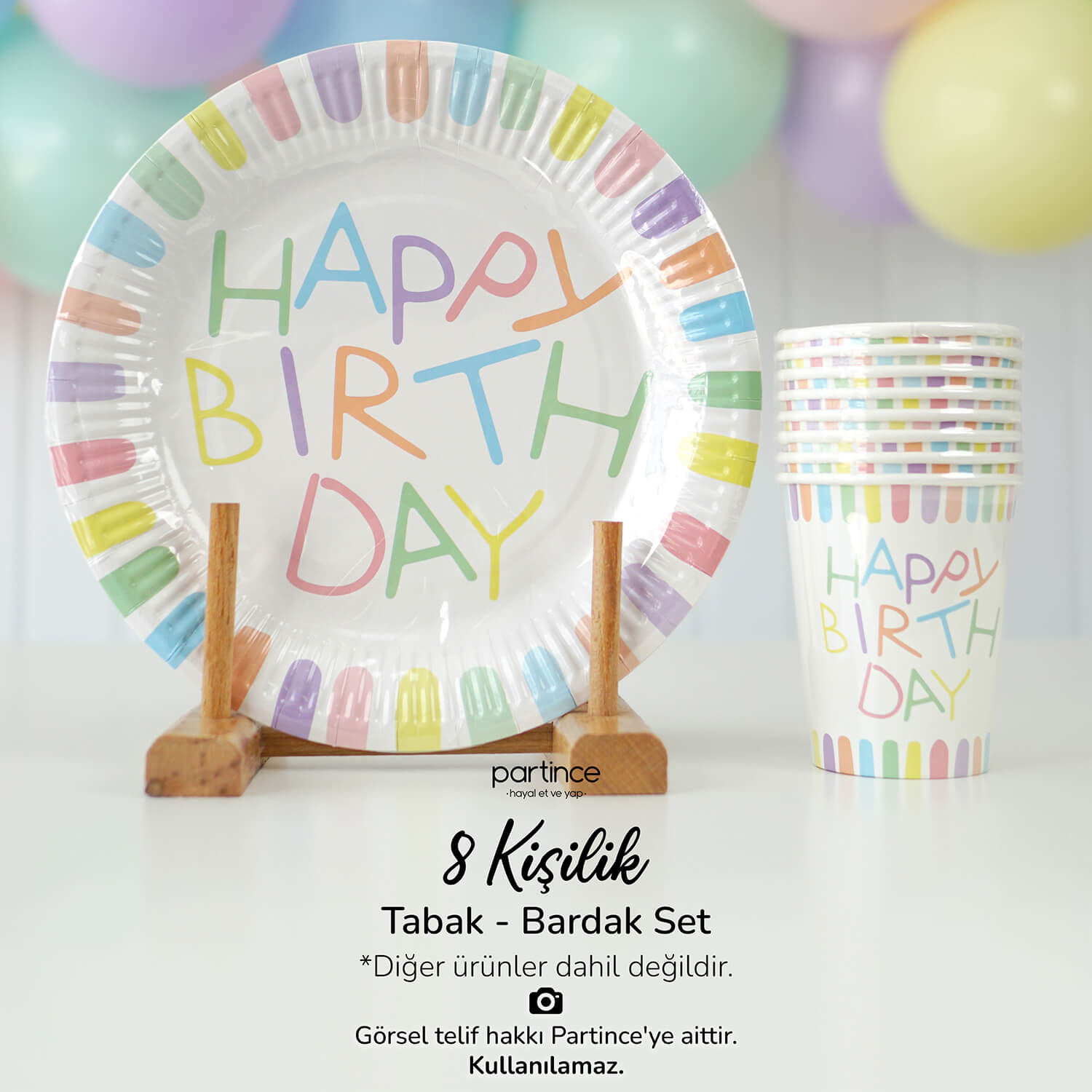 Makaron Happy Birthday Tema Tabak Bardak Set 8'li - Görsel 1